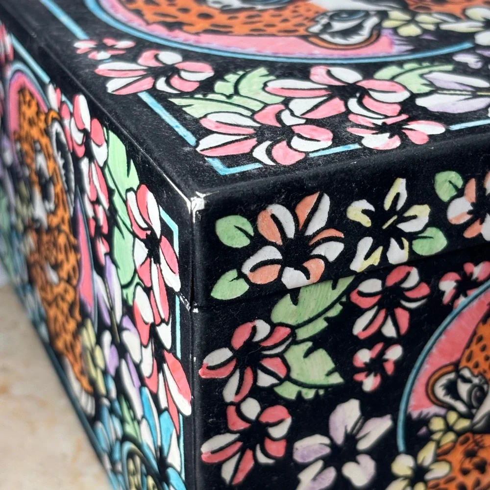 Lisa Frank Hunter the Leopard Jewelry Box Small Black Tropical Floral Drawers